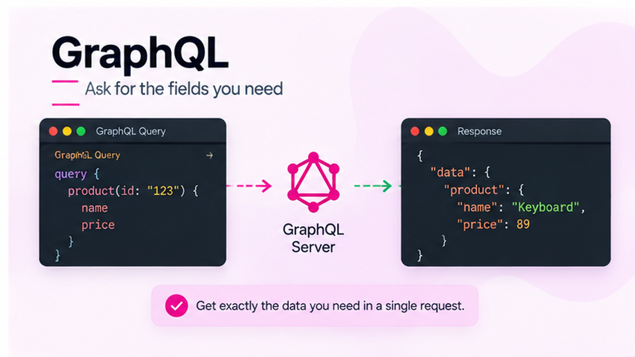 GraphQL query example showing how an app can request only the product fields it needs.