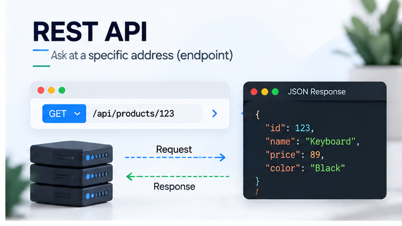 REST API endpoint example showing a request for a product and the server response with product details.