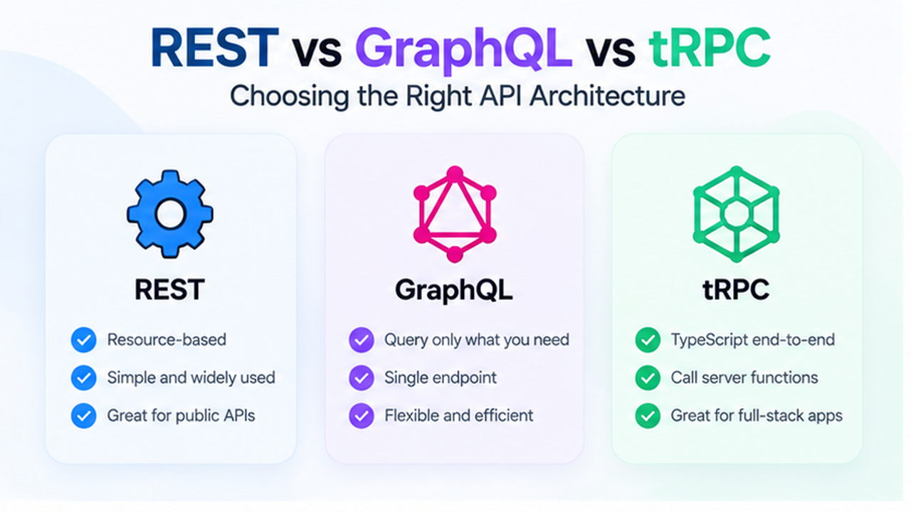 REST, GraphQL, and tRPC comparison showing three ways an app can request information from a server.