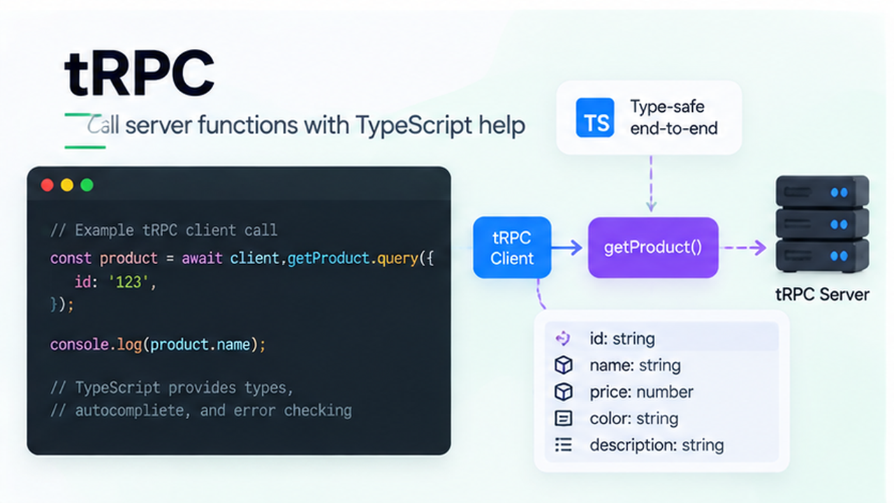 tRPC TypeScript API example showing an app calling a server function with shared types.
