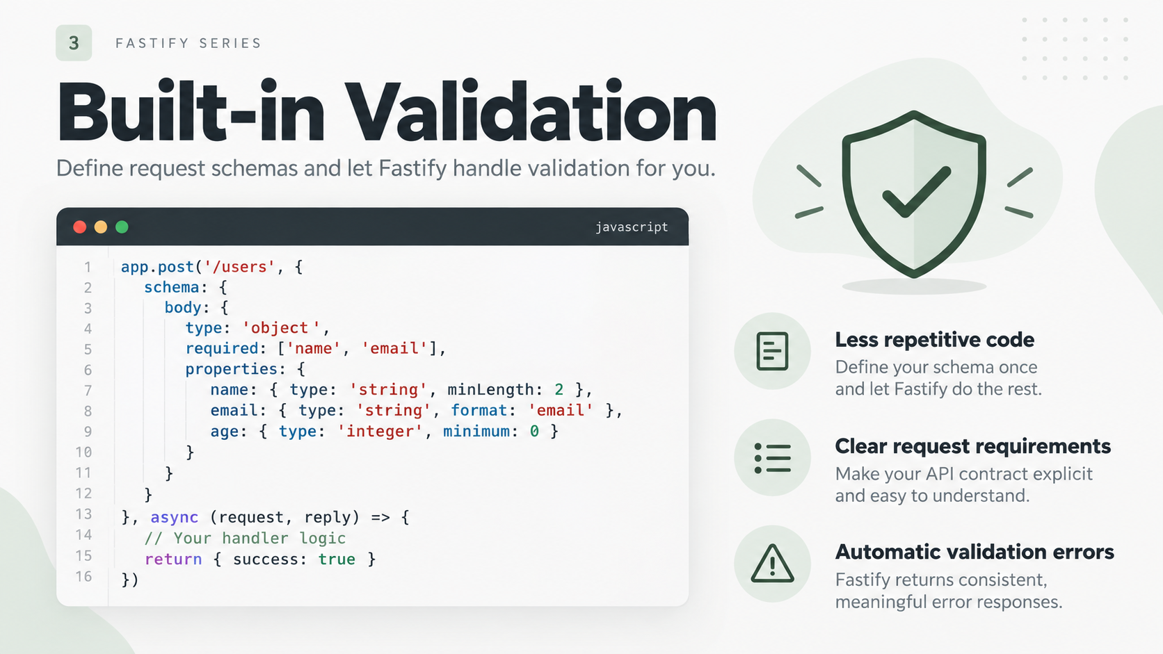 Fastify built-in JSON Schema validation example showing request validation and API error handling.